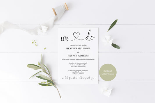 We Do Wedding Invitation Template, Editable Wedding Invitation Template, Printable, Calligraphy, Instant Download, Heart - Heather WEDDING INVITATIONS SAVVY PAPER CO