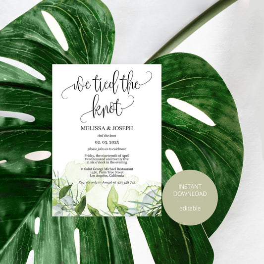 We tied the knot Wedding Invitation Template, Editable,Printable, Calligraphy,Greenery,Wedding Announcement,Elopement,we eloped - Melissa ELOPEMENT SAVVY PAPER CO