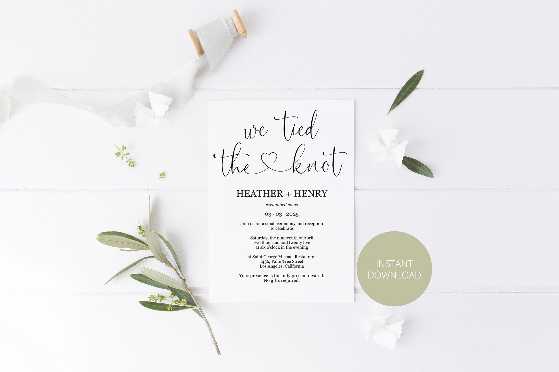 We tied the knot Wedding Invitation Template, Editable,Printable, Calligraphy, Heart, Wedding Announcement, Elopement, we eloped - Heather ELOPEMENT SAVVY PAPER CO