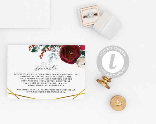 Wedding Details Card Template, Instant Download Christmas Information Card Wedding Info Card Winter Holiday Wedding Geometric - Ada RSVP & DETAILS CARDS SAVVY PAPER CO