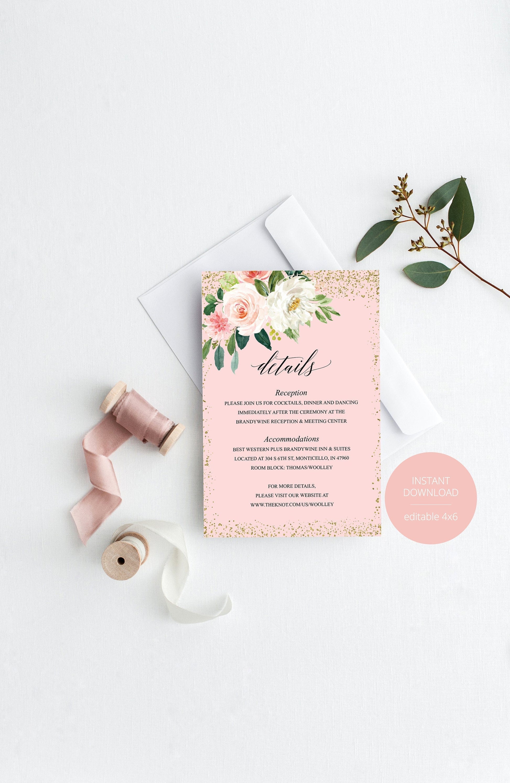 Wedding Details Card Template, Instant Download, Information Card, Wedding Info Card, Blush Wedding,Details Template, Floral   - ELOISE RSVP & DETAILS CARDS SAVVY PAPER CO