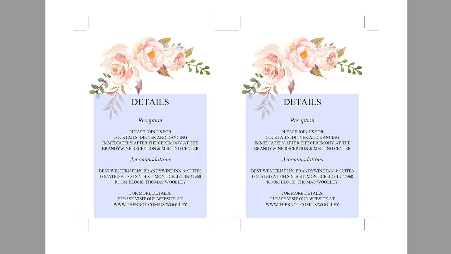 Wedding Details Card Template, Instant Download, Information Card, Wedding Info Card,Details Template, Floral, Blush  - KATHERINE RSVP & DETAILS CARDS SAVVY PAPER CO