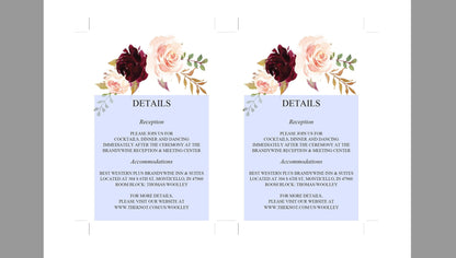 Wedding Details Card Template, Instant Download, Information Card, Wedding Info Card,Details Template, Floral, Burgundy  - KATHERINE RSVP & DETAILS CARDS SAVVY PAPER CO