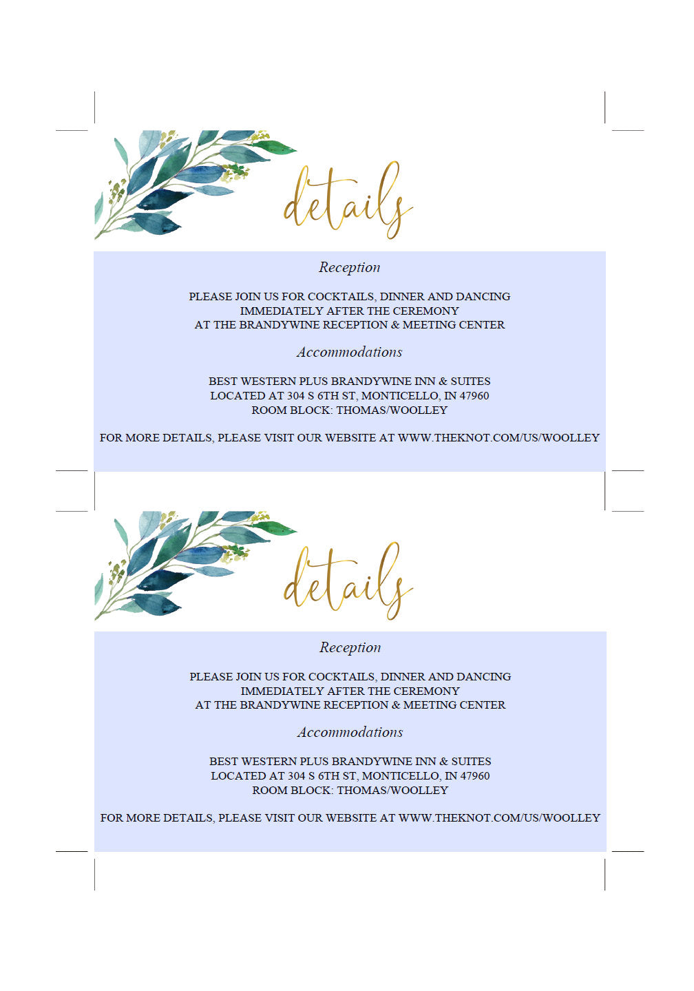 Wedding Details Card Template, Instant Download, Information Card, Wedding Info Card, Dusty Blue Card, Details Template, Gold   - Elaine RSVP & DETAILS CARDS SAVVY PAPER CO
