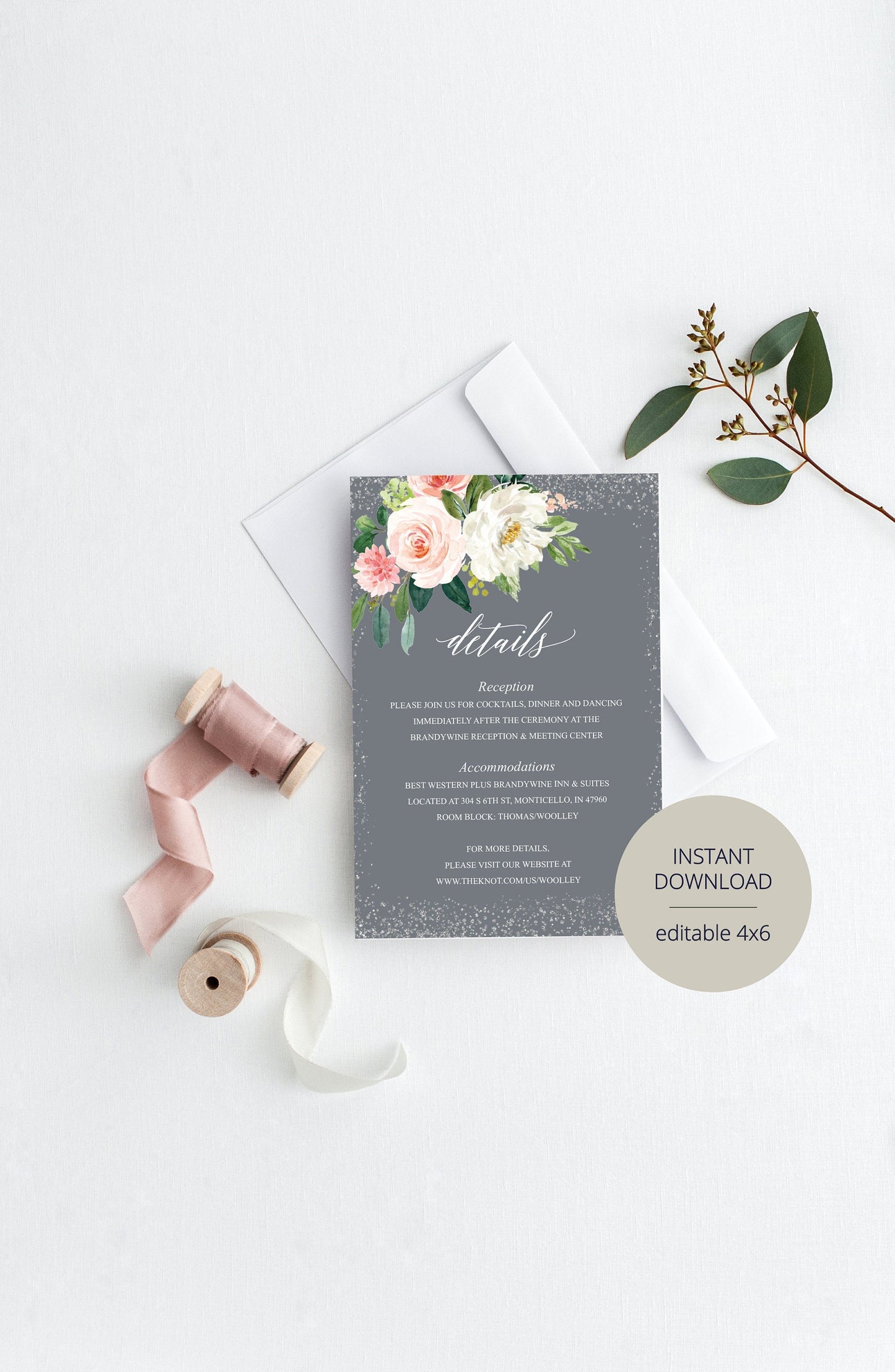 Wedding Details Card Template, Instant Download, Information Card, Wedding Info Card, Gray Silver Wedding,Details Template,Floral   - ELOISE RSVP & DETAILS CARDS SAVVY PAPER CO