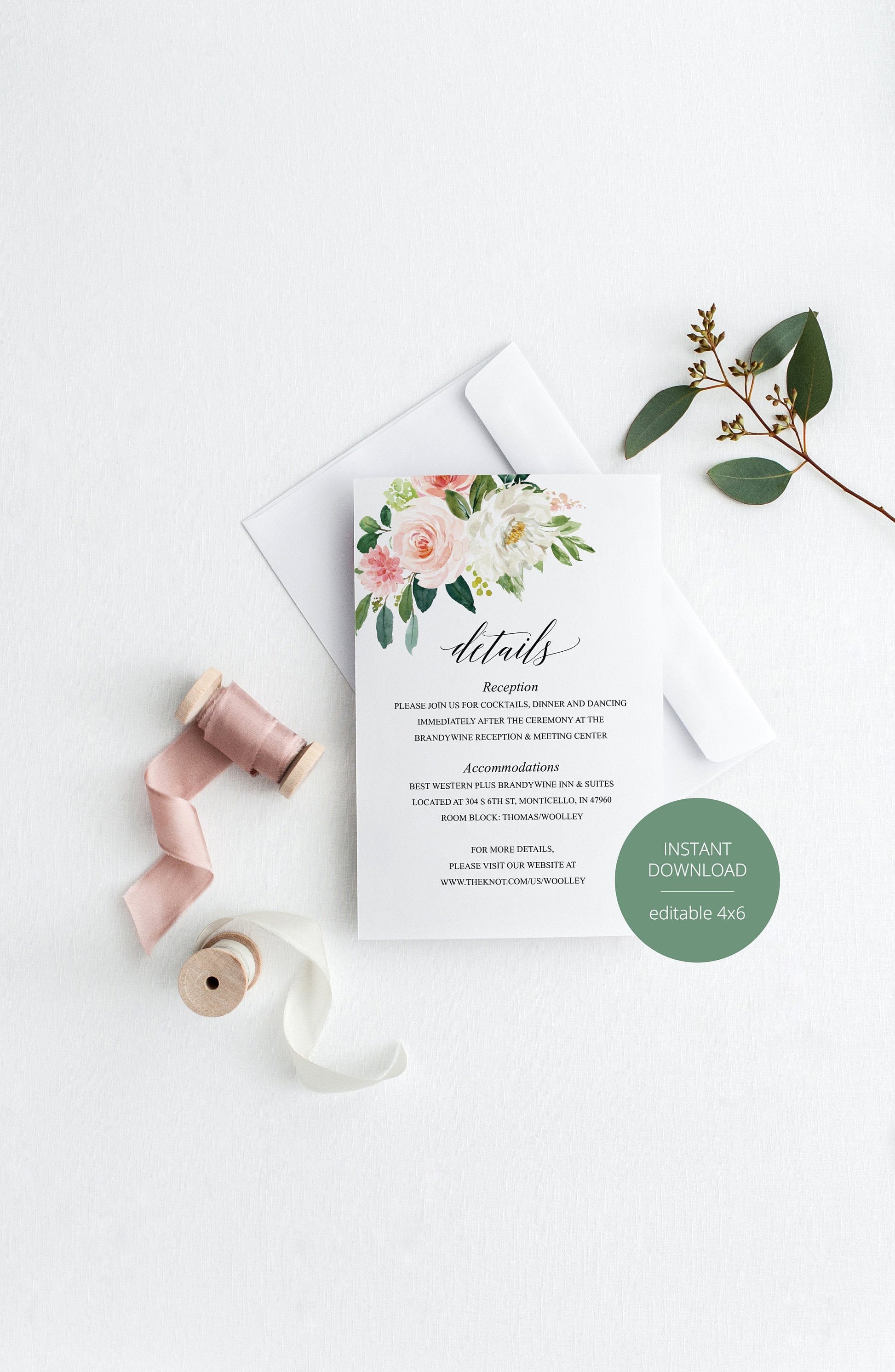 Wedding Details Card Template, Instant Download, Information Card, Wedding Info Card, Greenery Wedding,Details Template, Floral   - ELOISE RSVP & DETAILS CARDS SAVVY PAPER CO