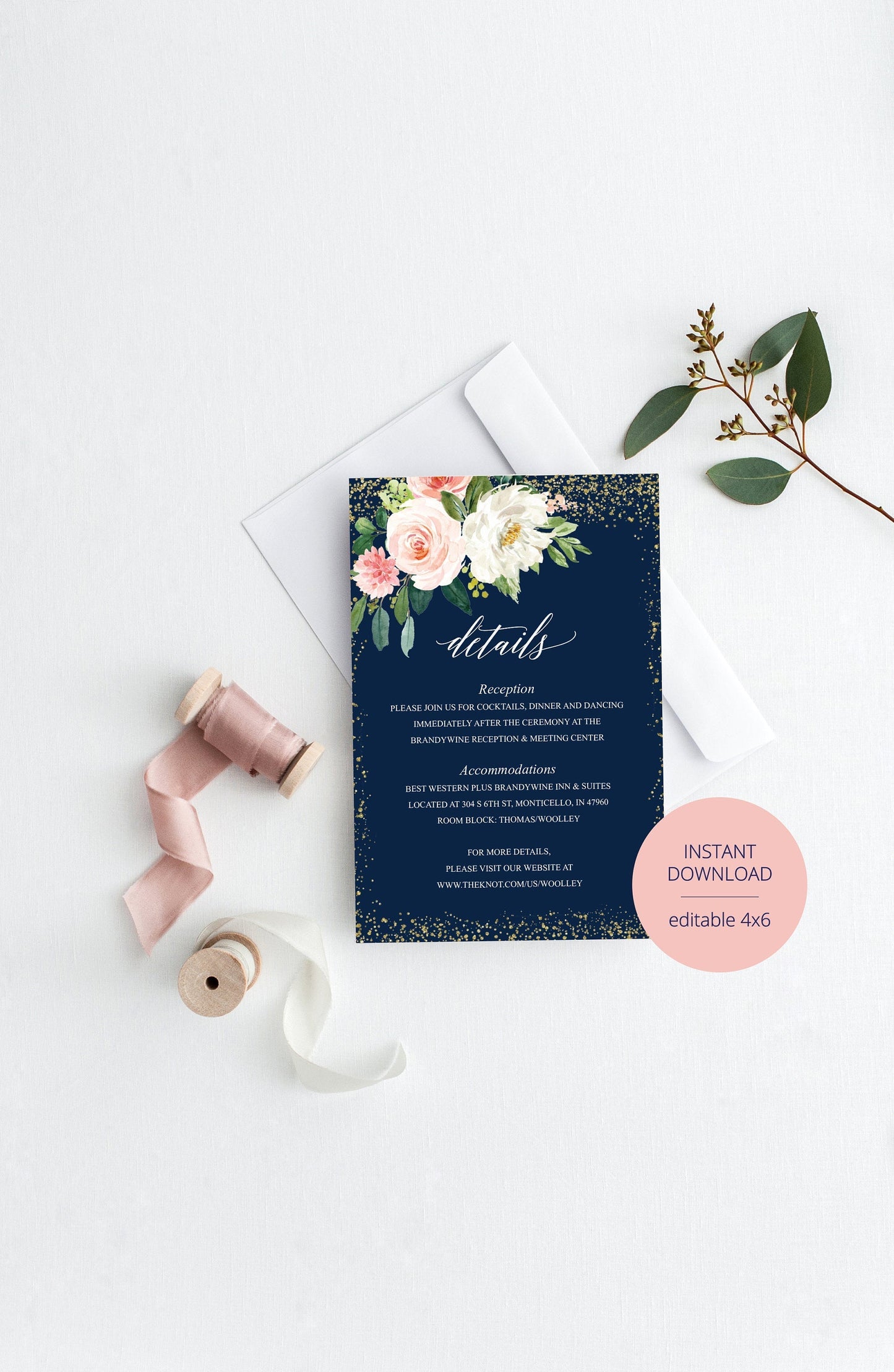 Wedding Details Card Template, Instant Download, Information Card, Wedding Info Card, Navy Blue Wedding,Details Template, Floral   - ELOISE RSVP & DETAILS CARDS SAVVY PAPER CO