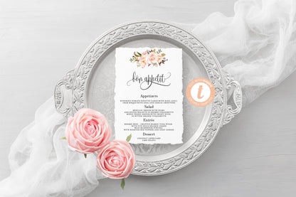 Wedding Menu Printable Template, Editable Instant Download, Menu Cards, DIY Dinner Menu Blush Floral, Templett - KATHERINE MENU|PROGRAMS|TIMELINE SAVVY PAPER CO