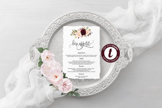 Wedding Menu Printable Template, Editable Instant Download, Menu Cards, DIY Dinner Menu Burgundy Floral -KATHERINE MENU|PROGRAMS|TIMELINE SAVVY PAPER CO
