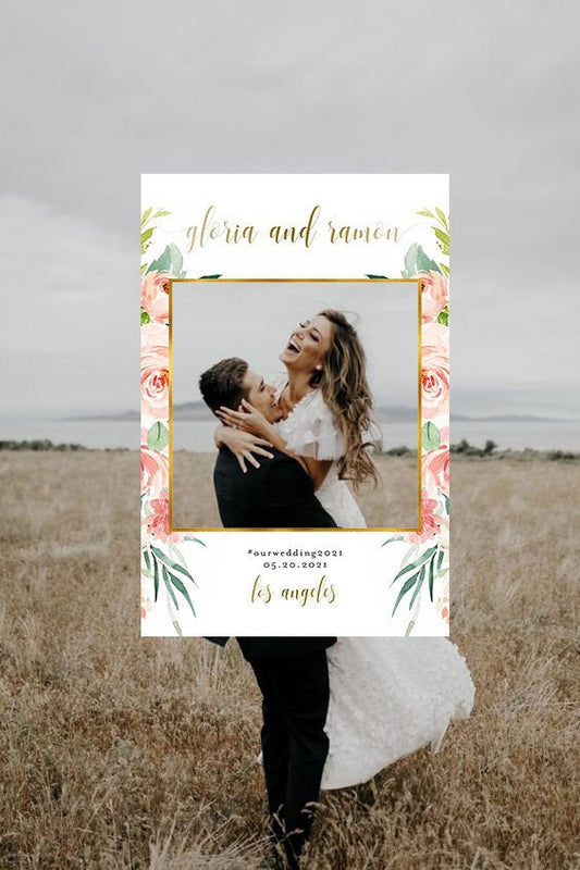 Wedding Photo Booth Frame Template, Floral Photo Prop Frame, Birthday Photo Booth Prop, Editable, Gold - Gloria  SAVVY PAPER CO