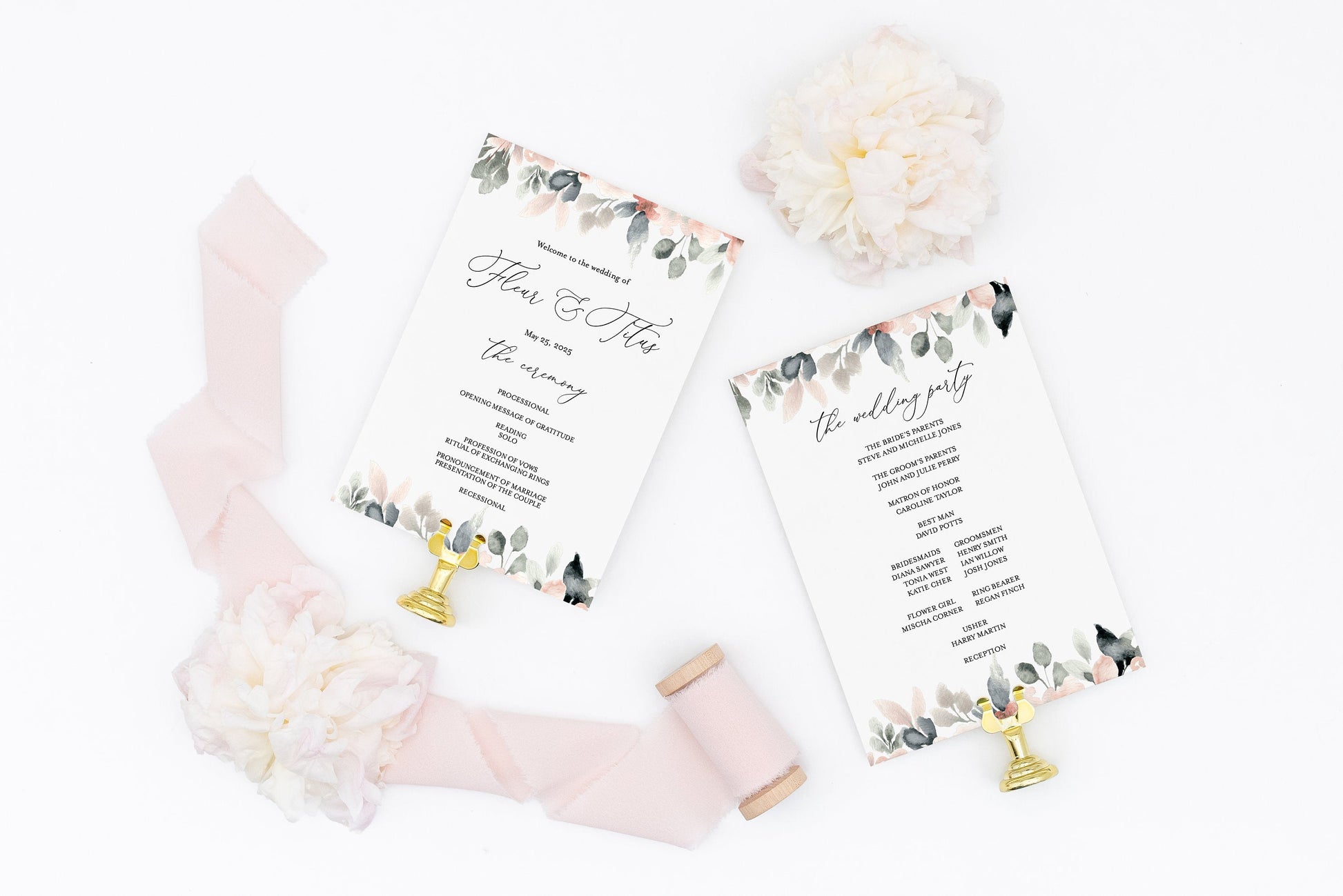 Wedding Program Fan Template Printable Ceremony Programs Editable Template Instant download - Fleur MENU|PROGRAMS|TIMELINE SAVVY PAPER CO