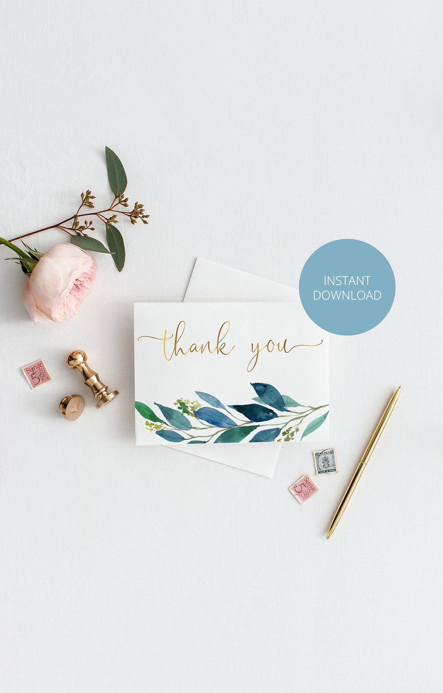 Wedding Thank You Card, Instant Download, Thank you Cards, Printable Thank You, Wedding Cards, Greenery, Dusty Blue, Gold - Elaine TAGS | TY | INSERTS SAVVY PAPER CO
