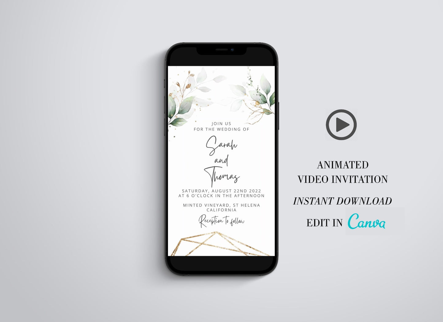 Wedding Video Evite, Electronic Save The Date, Wedding Video Invitation, Animated Invitation, Gold Glitter Wedding, Greenery  SAVVY PAPER CO