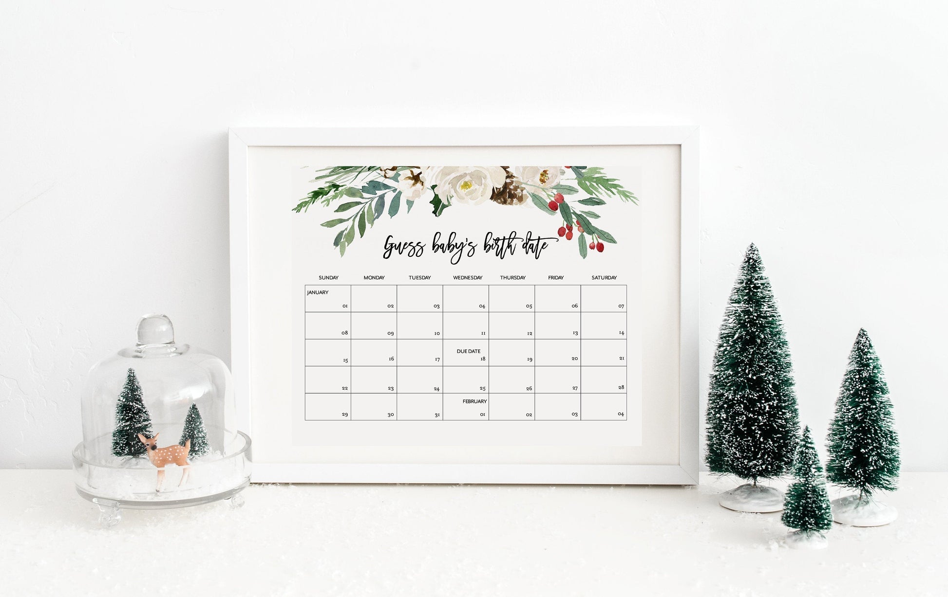Winter Baby Due Date Calendar Game, Baby Shower Game, Guess Baby's Birthday, Editable Baby Prediction Printable Due Date Game Christmas #CC1  SAVVY PAPER CO