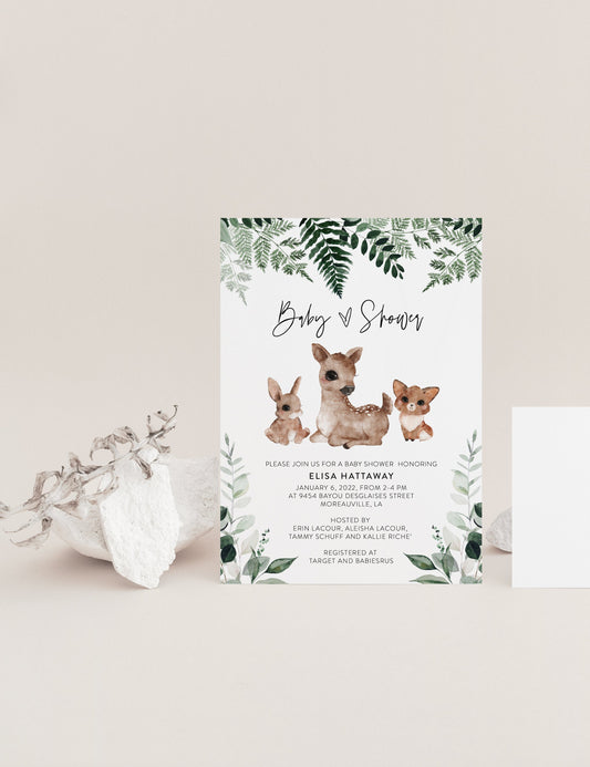 Woodland Baby Shower Invitation Template, Woodland Baby Shower Invite, Printable Baby Shower Invitation, Unisex #WL  SAVVY PAPER CO