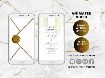 White and Gold Animated Glitter Wedding Invitation, Video Wedding Invite, Gold Wedding Glitter Curtain