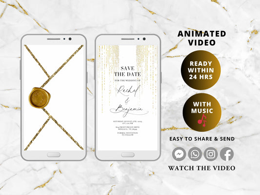 White and Gold Animated Glitter Wedding Invitation, Video Wedding Invite, Gold Wedding Glitter Curtain