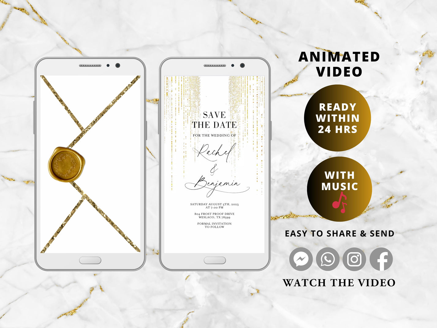 White and Gold Animated Glitter Wedding Invitation, Video Wedding Invi ...