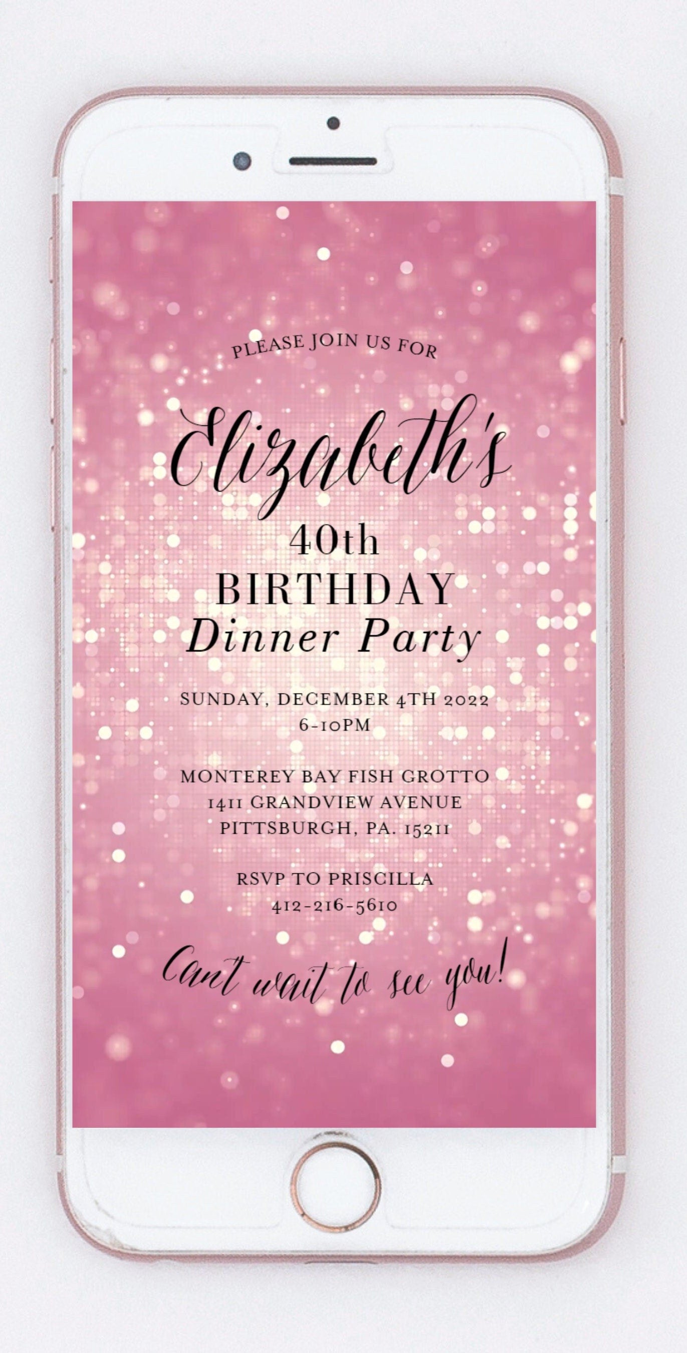 Electronic Birthday Dinner Pink Sparkle Invitation,Dinner Party Mobile Invite,Digital Dinner Evite,Birthday Dinner Video Invitation, Any Age