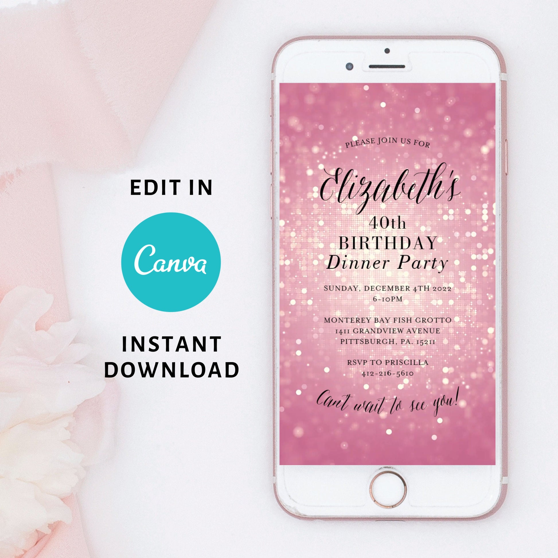 Electronic Birthday Dinner Pink Sparkle Invitation,Dinner Party Mobile Invite,Digital Dinner Evite,Birthday Dinner Video Invitation, Any Age