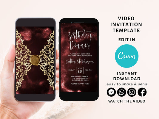 Burgundy Birthday Invitation, Any Age Editable Invite Template, Electronic Birthday Invite, Digital Evite Instant Download, Laser cut