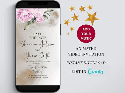 Wedding Video Invitation, Animated Floral Invite, Gold Wedding Invites, Save the date Video Evite, Electronic Invitation Template