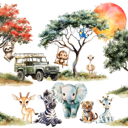 Watercolor Safari Clipart, Jungle Animals Png, Lion, Elephant Safari PNG, Nursery Clipart, Birthday Clipart, ,Animal Bundle hand drawn