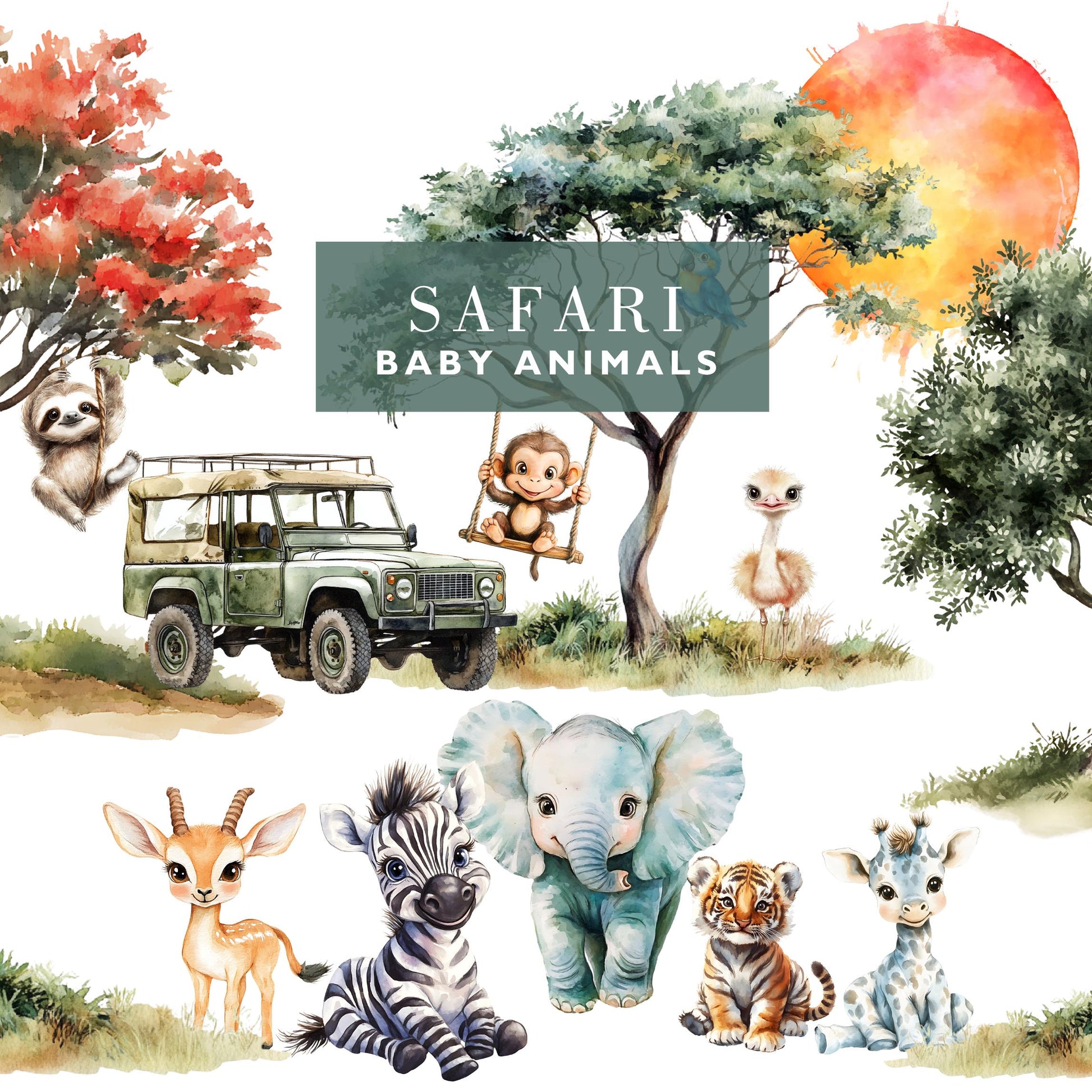 Watercolor Safari Clipart, Jungle Animals Png, Lion, Elephant Safari PNG, Nursery Clipart, Birthday Clipart, ,Animal Bundle hand drawn