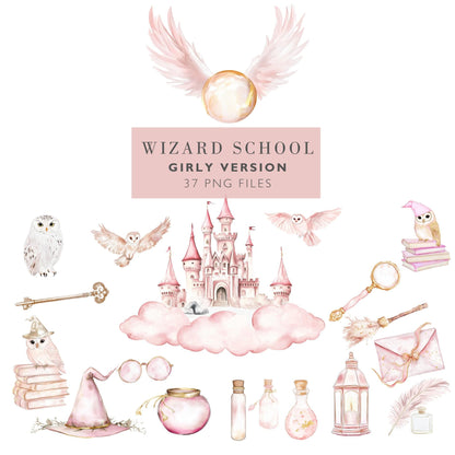 Girly Wizard Party Clipart, Witches and Wizard Pink PNG, Pink Magical Clipart, Wizard Hogwarts Clipart Hand Drawn Watercolor