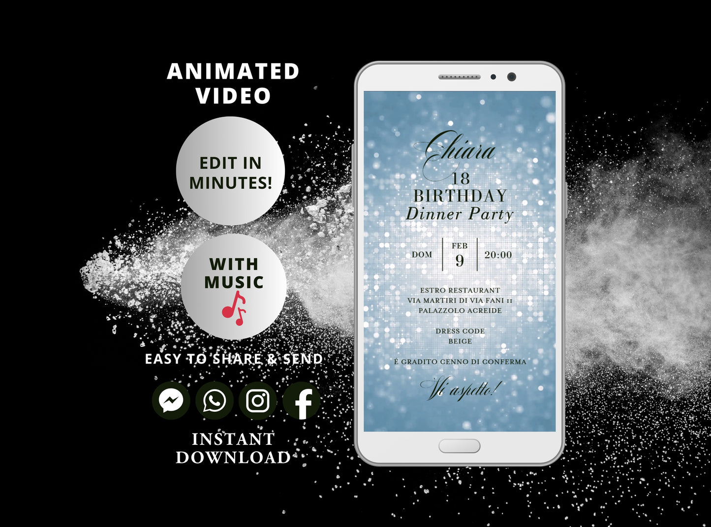 Powder blue Electronic Birthday Invitation Template, Digital Birthday Invite, Any Age, Instant Download Evite