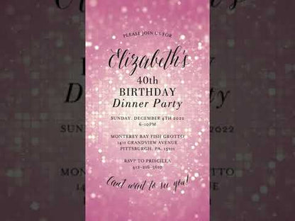 Electronic Birthday Dinner Pink Sparkle Invitation,Dinner Party Mobile Invite,Digital Dinner Evite,Birthday Dinner Video Invitation, Any Age