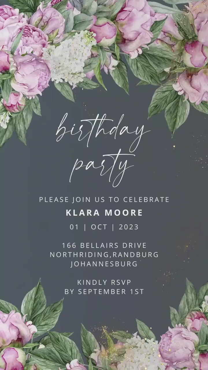 Digital birthday video invitation, Gold Editable Invite, Personalized animated invitations Any Age, Instant Download, Pink peonies Ecard