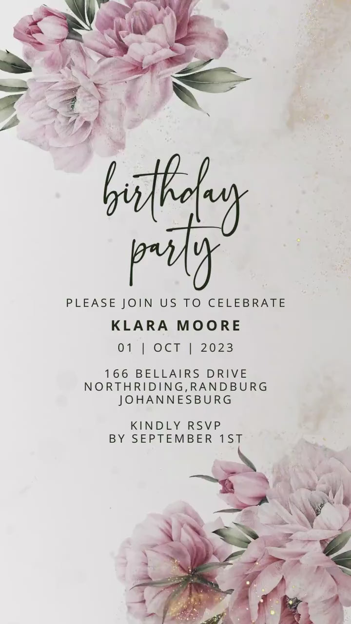 Digital birthday video invitation, Gold Editable Invite, Personalized animated invitations Any Age, Instant Download, Floral Ecard Template