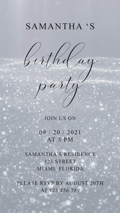 Instant Download Silver Glitter Birthday Video Evite, Electronic Invite, Birthday Video Invitation, Animated Invitation