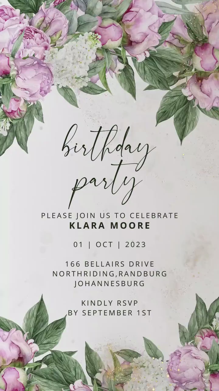 Digital birthday video invitation, Gold Editable Invite, Personalized animated invitations Any Age, Instant Download, Pink peonies Ecard