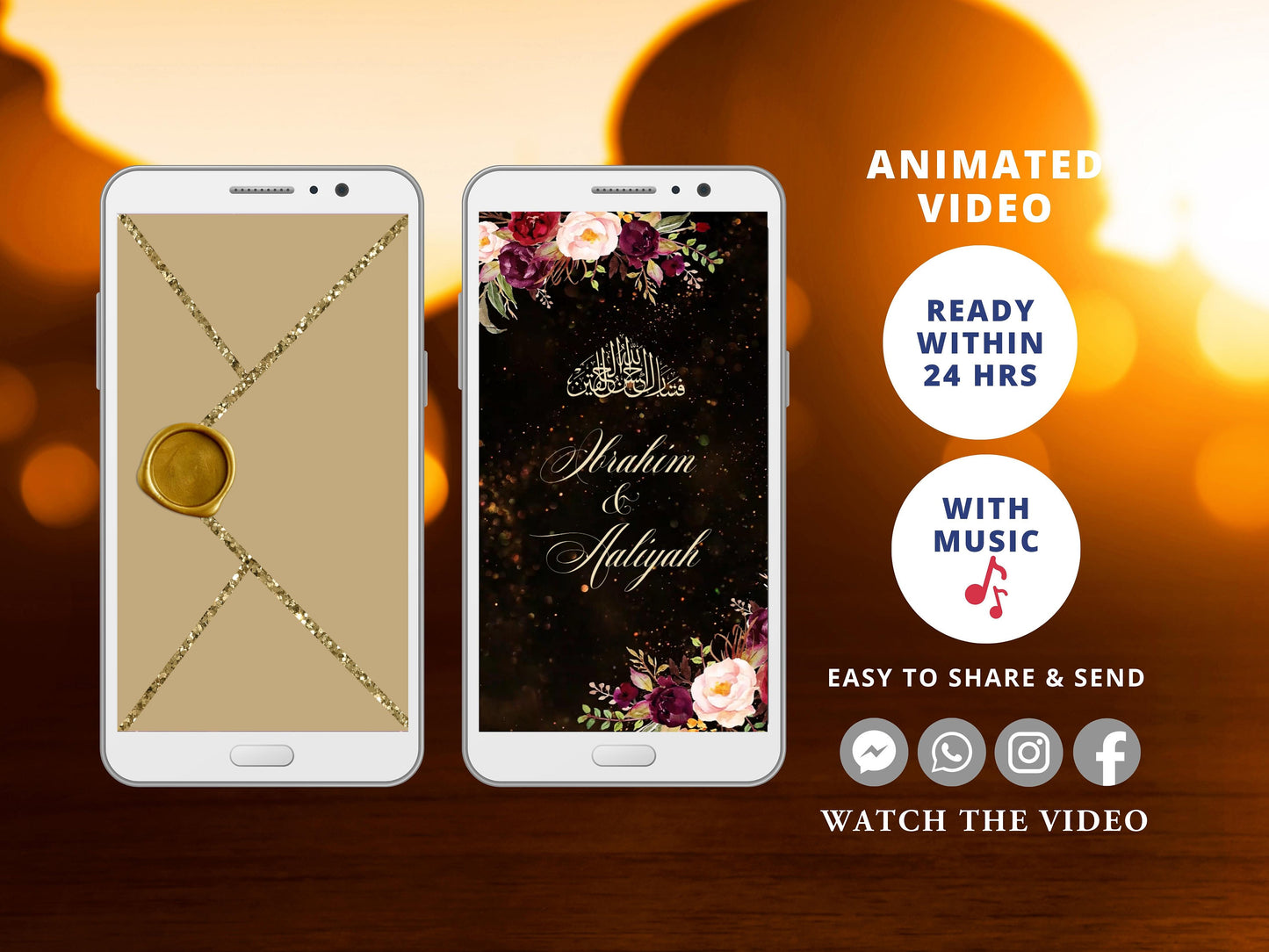 Custom Animated Nikah Invite Electronic, Muslim Wedding Invitation Digital Video, Personalized Walima Smartphone Evite, Burgundy Gold