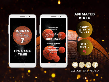 Basketball Birthday Invitation Basketball Party Invites Kids Sports Decor Boy Athletic Orange Theme Video Invitation
