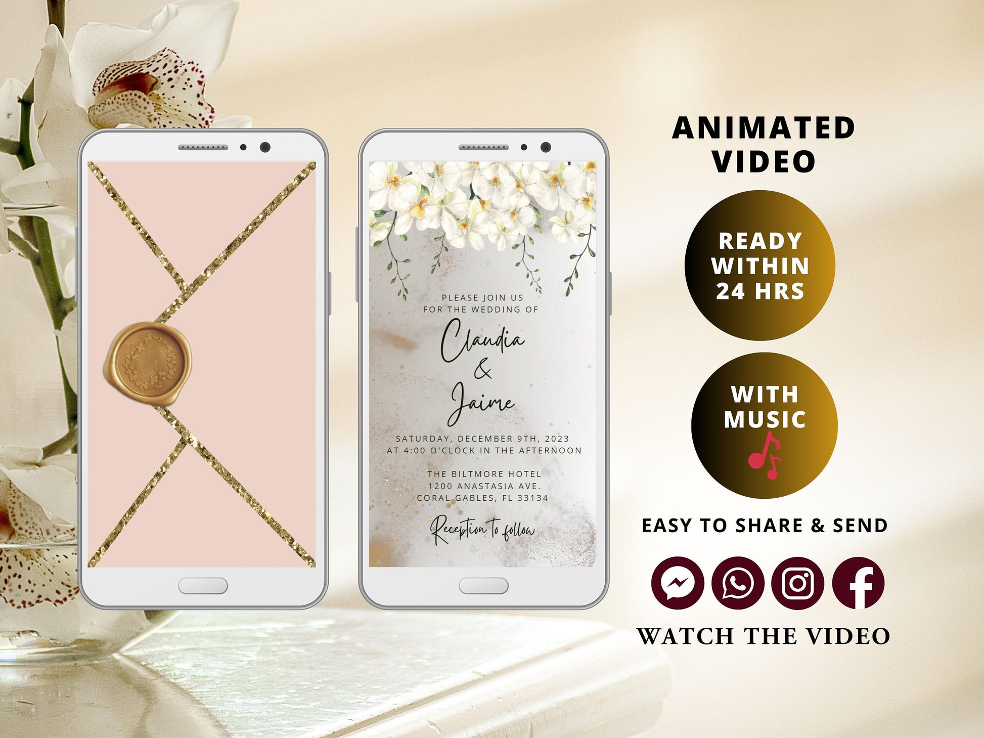 Wedding Video Invite, Electronic Animated Wedding Invitation, Custom Wedding Invite, Wedding Animated Card White Orchids
