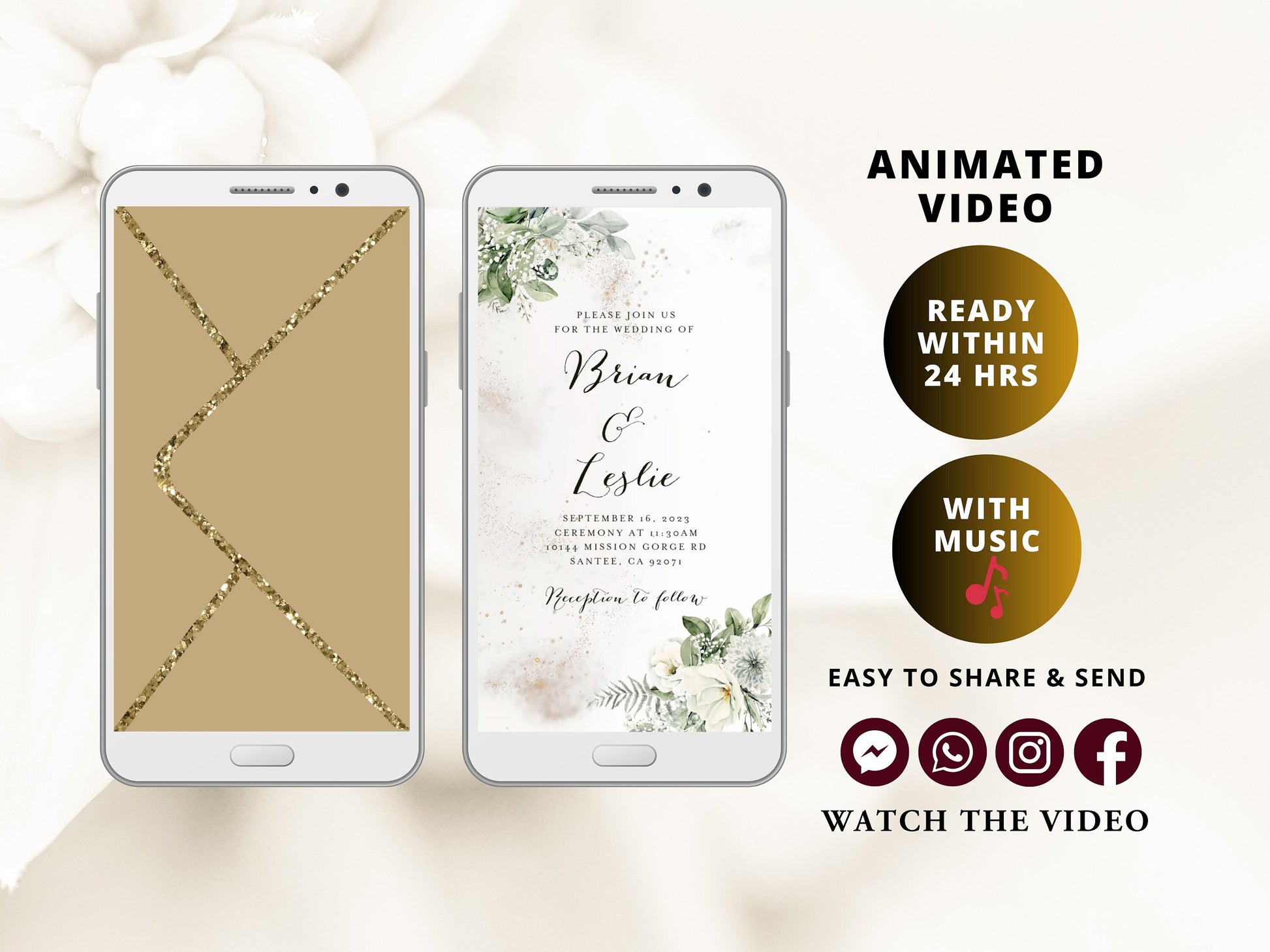 Digital Wedding Invitation with glitter dust and white flowers, electronic wedding invite with opening gold envelope