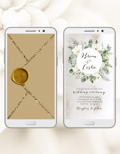 White floral frame Wedding Invitation with glitter dust particles, electronic wedding invite with opening gold envelope and digital stamp