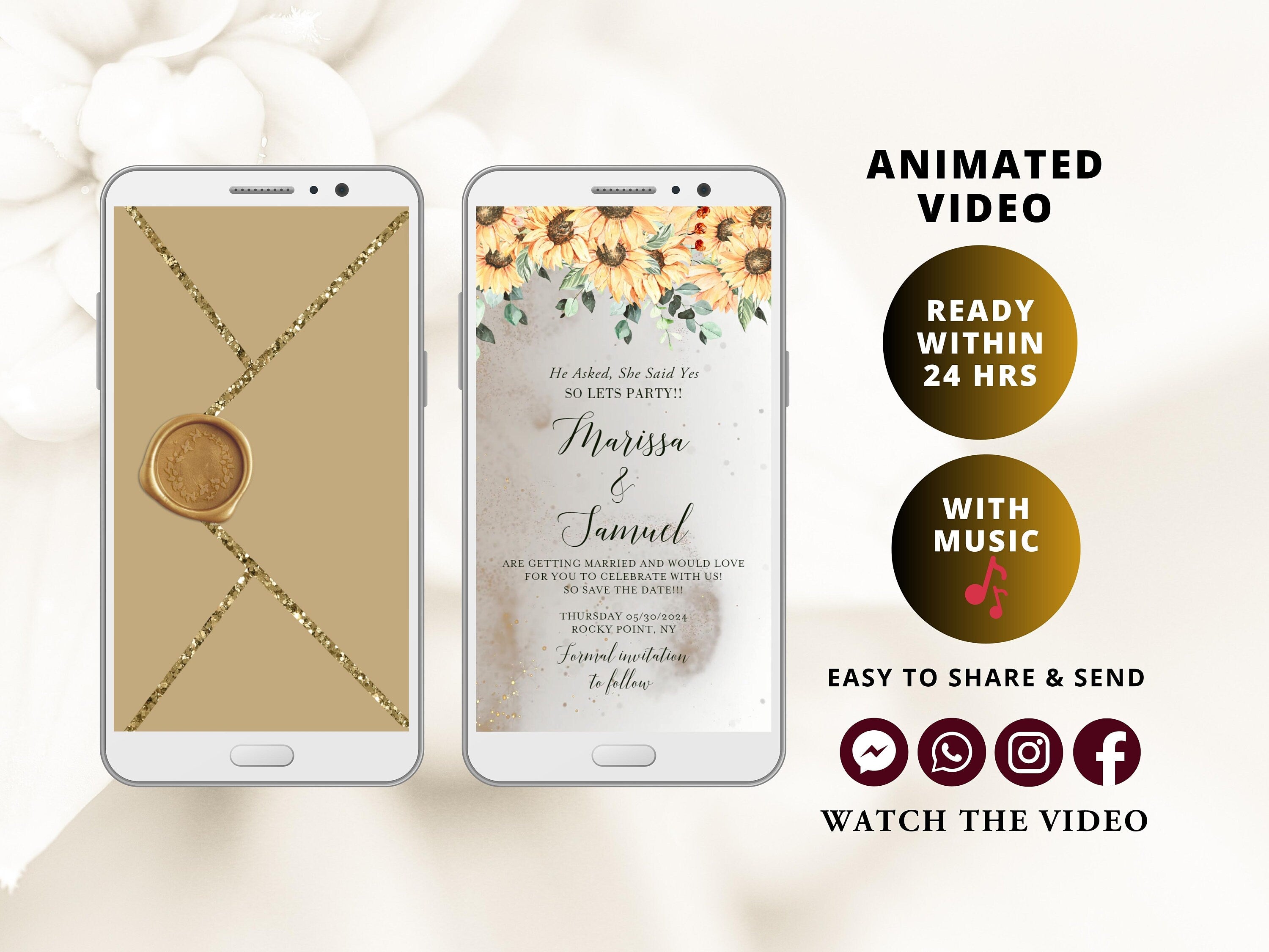 Digital Wedding Invitation with glitter dust and sunflowers, electronic wedding invite with opening gold envelope and digital stamp