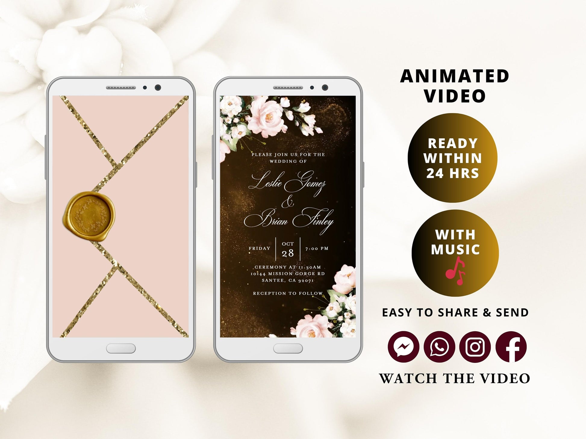 Digital Wedding Invitation with glitter dust and blush flowers, electronic wedding invite with opening pink envelope