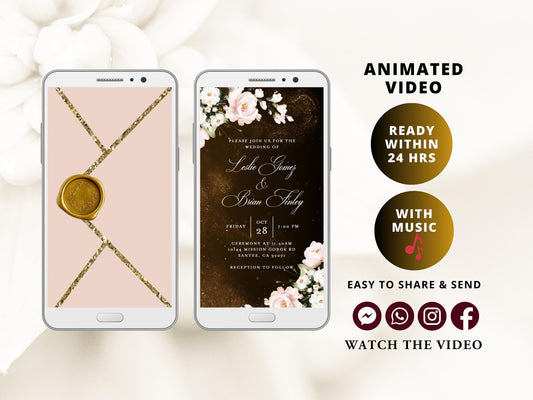Digital Wedding Invitation with glitter dust and blush flowers, electronic wedding invite with opening pink envelope